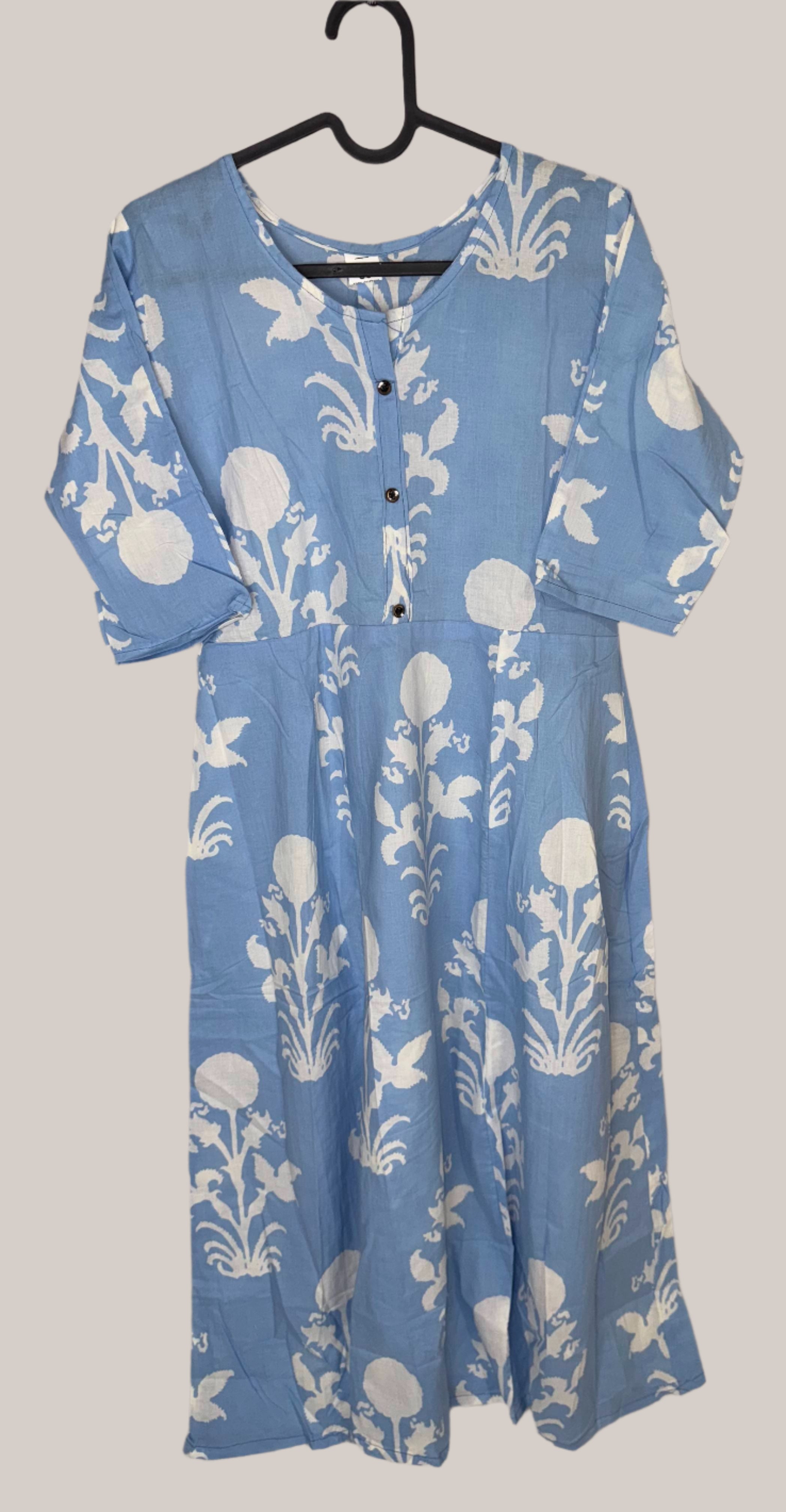 "Sky Blue Floral Cotton Kurti – Lightweight, Comfortable & Stylish for Everyday Wear"